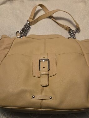 Beige Leather Shoulder Bag with Chain Strap